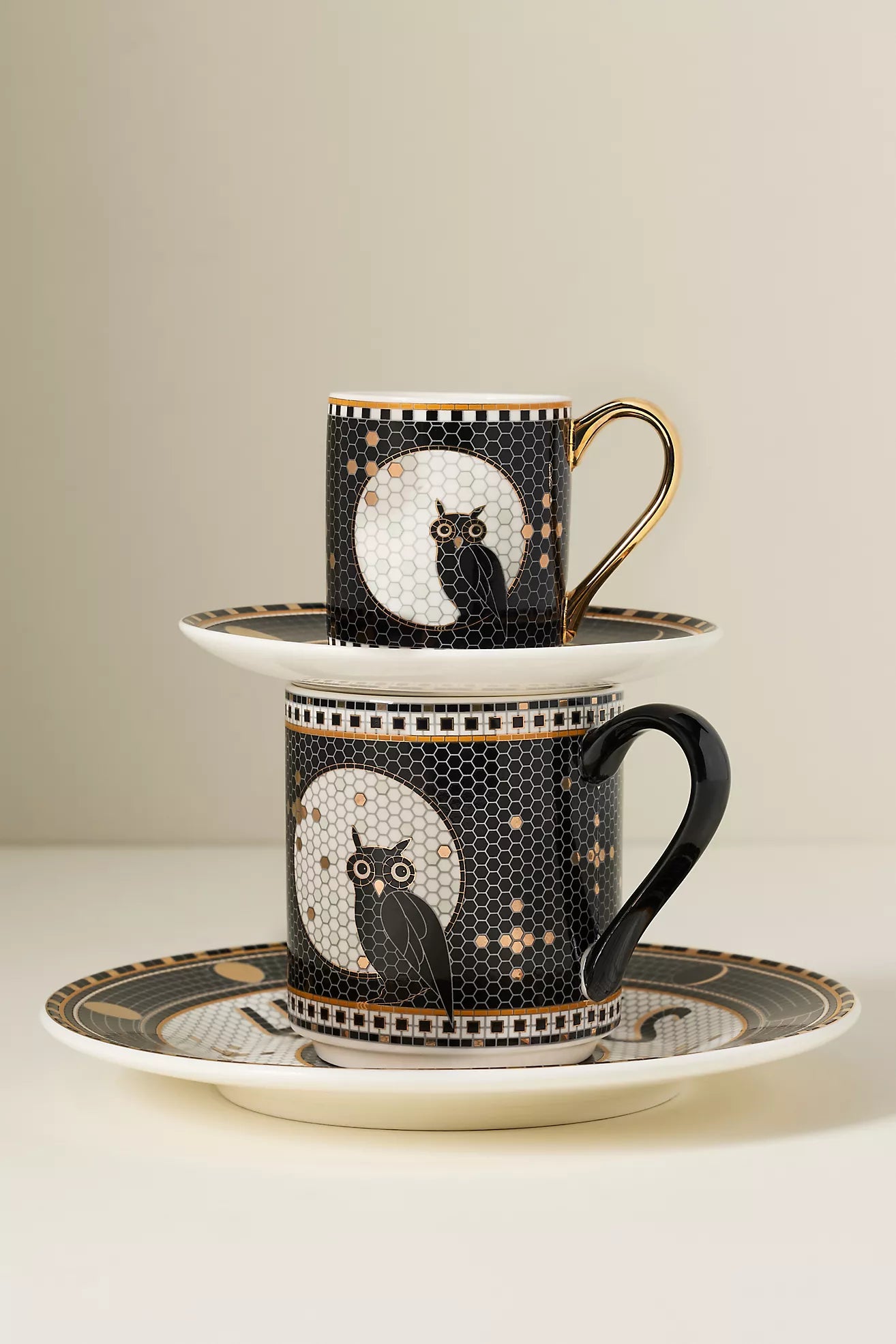 Bistro Tile Stoneware 24k Gold Accent Halloween Mug Owl