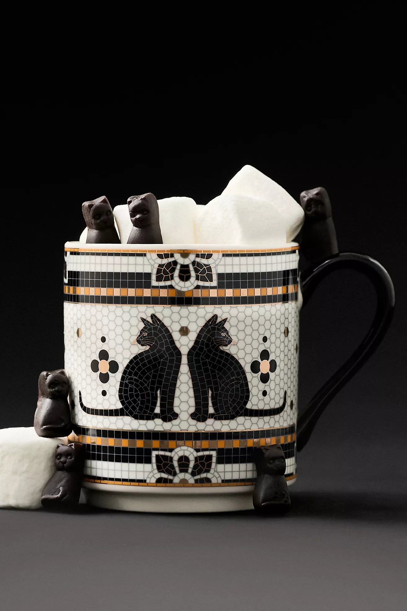 Bistro Tile Stoneware 24k Gold Accent Halloween Mug Black Cat