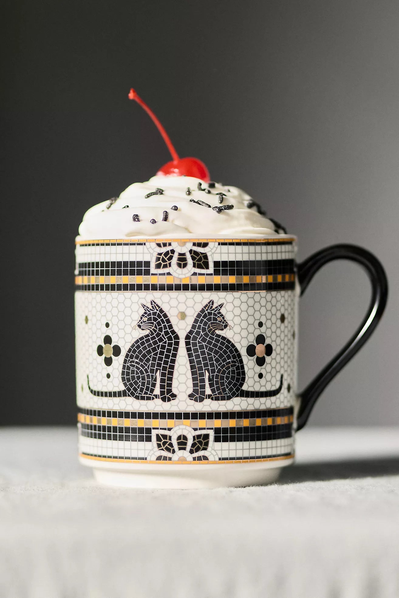 Bistro Tile Stoneware 24k Gold Accent Halloween Mug Black Cat