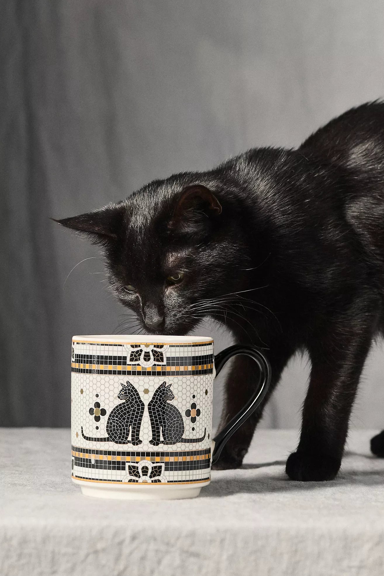 Bistro Tile Stoneware 24k Gold Accent Halloween Mug Black Cat