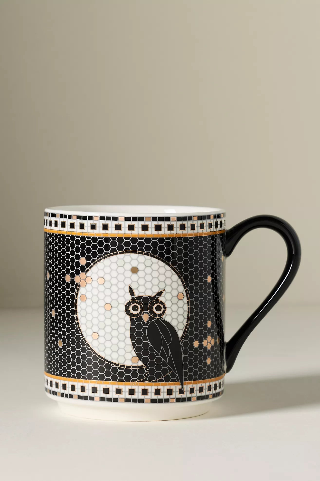 Bistro Tile Stoneware 24k Gold Accent Halloween Mug Owl