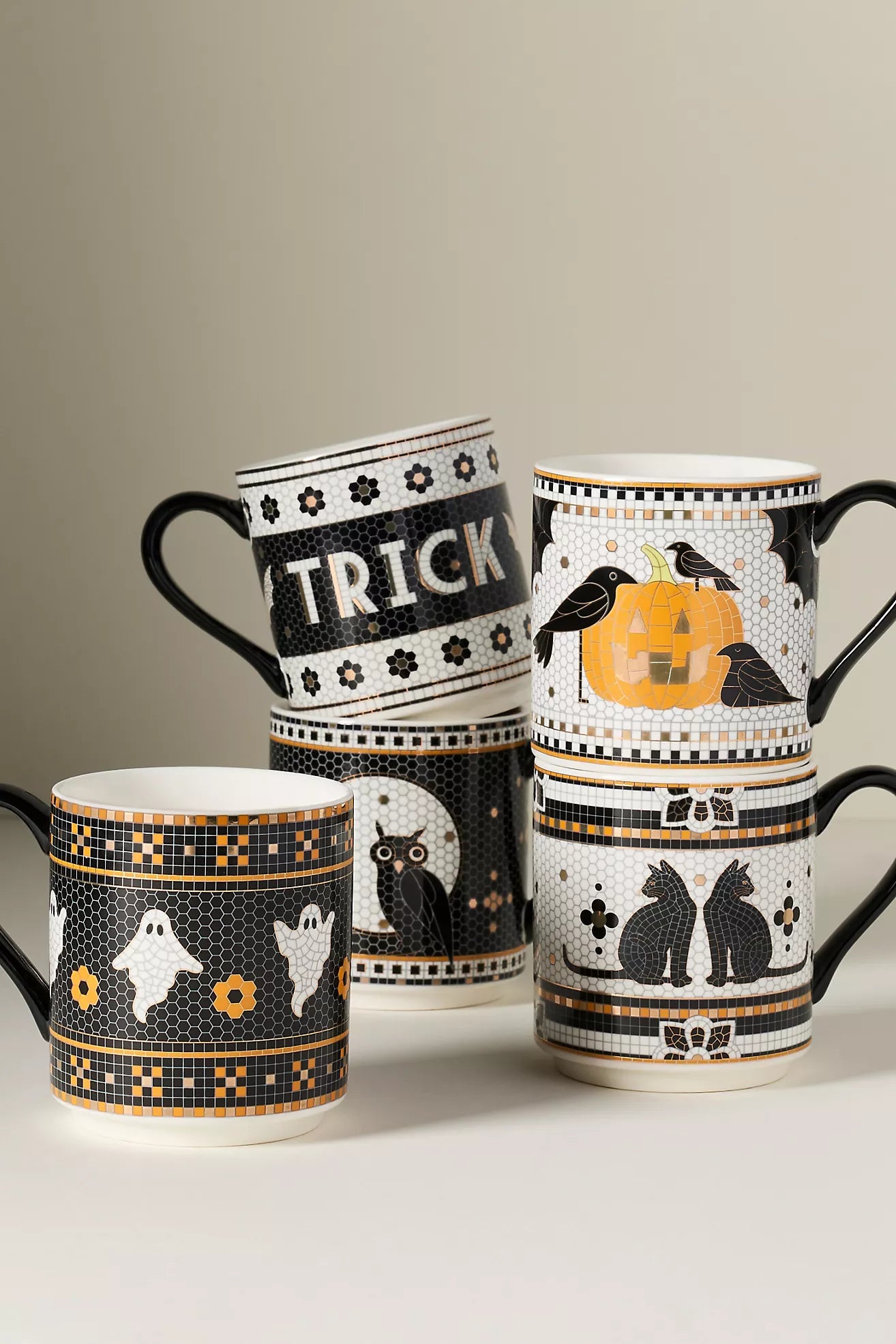 Bistro Tile Stoneware 24k Gold Accent Halloween Mug Owl