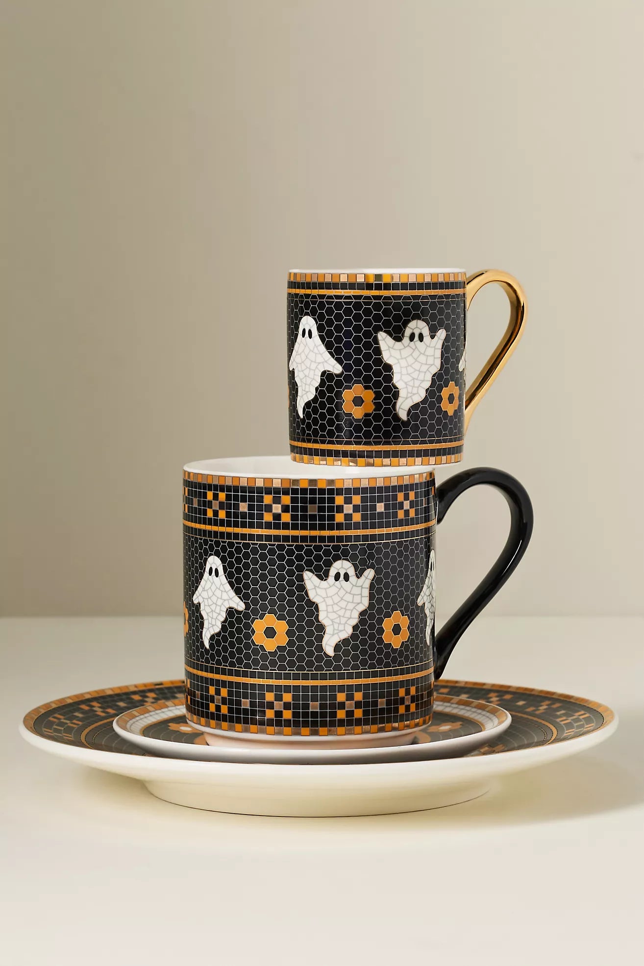 Bistro Tile Stoneware 24k Gold Accent Halloween Mug Ghost