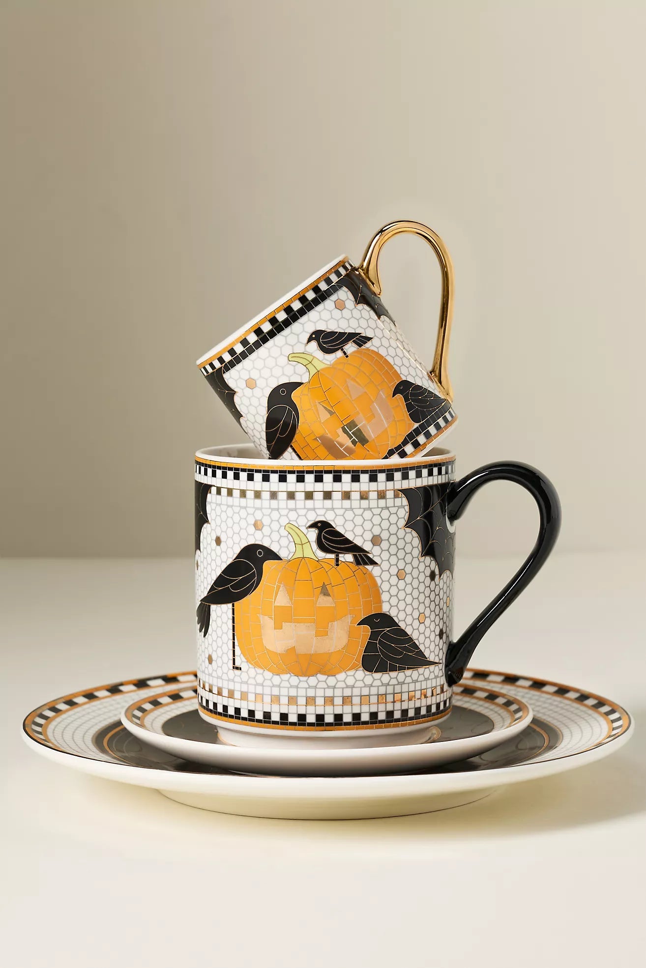 Bistro Tile Stoneware 24k Gold Accent Halloween Mug Jack-O-Lantern