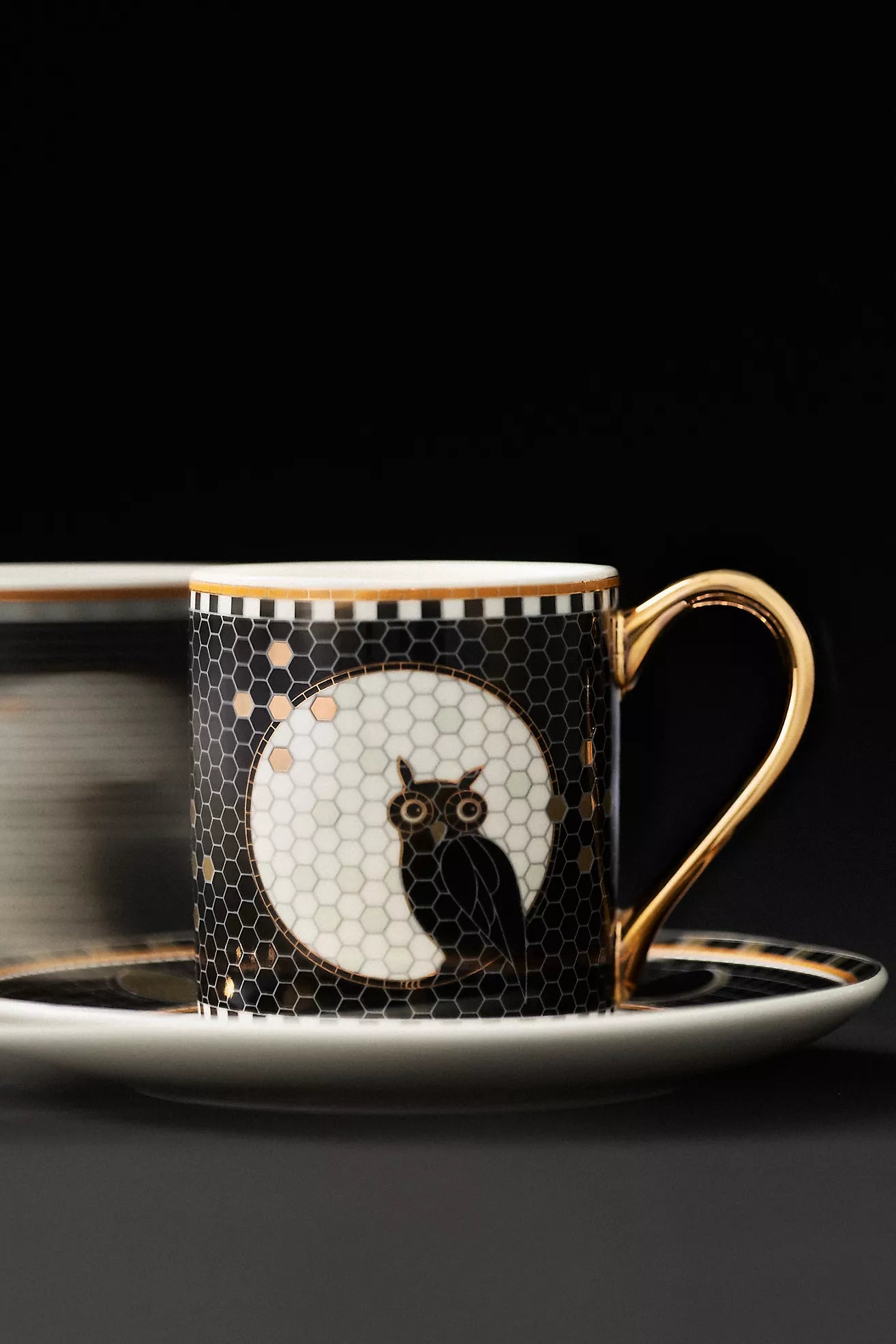Bistro Tile Stoneware 24k Gold Accent Halloween Espresso Cup Owl