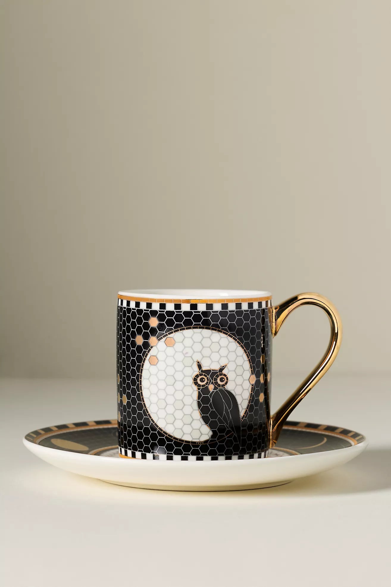 Bistro Tile Stoneware 24k Gold Accent Halloween Espresso Cup Owl