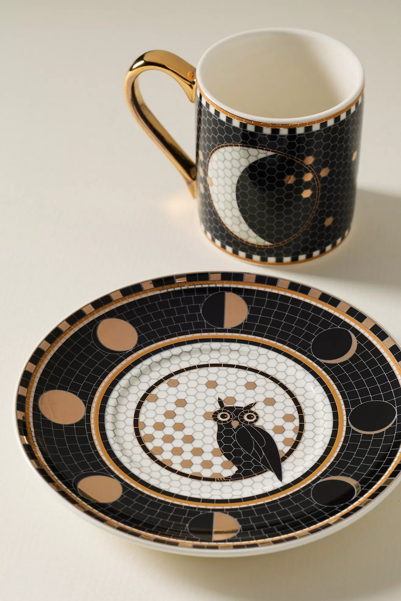 Bistro Tile Stoneware 24k Gold Accent Halloween Espresso Cup Owl