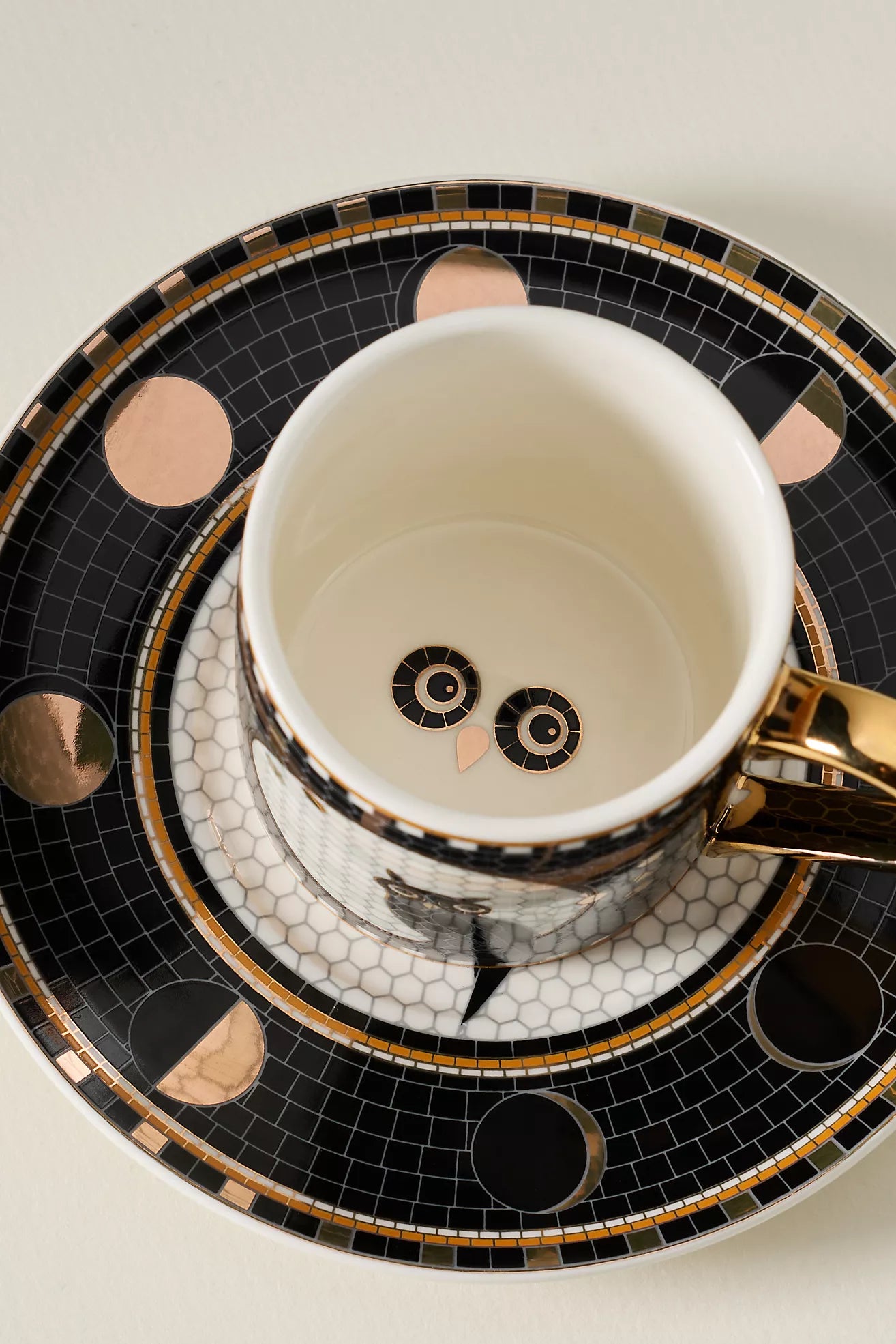 Bistro Tile Stoneware 24k Gold Accent Halloween Espresso Cup Owl
