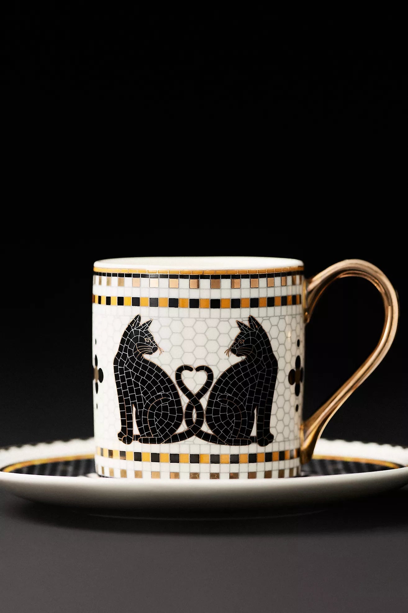 Bistro Tile Stoneware 24k Gold Accent Halloween Espresso Cup Black Cat