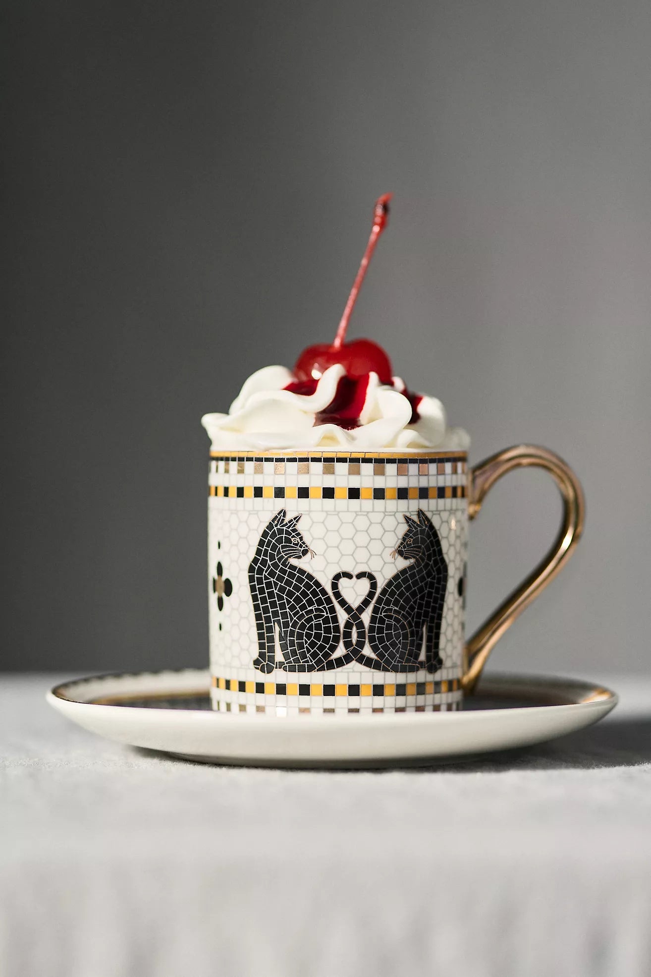 Bistro Tile Stoneware 24k Gold Accent Halloween Espresso Cup Black Cat