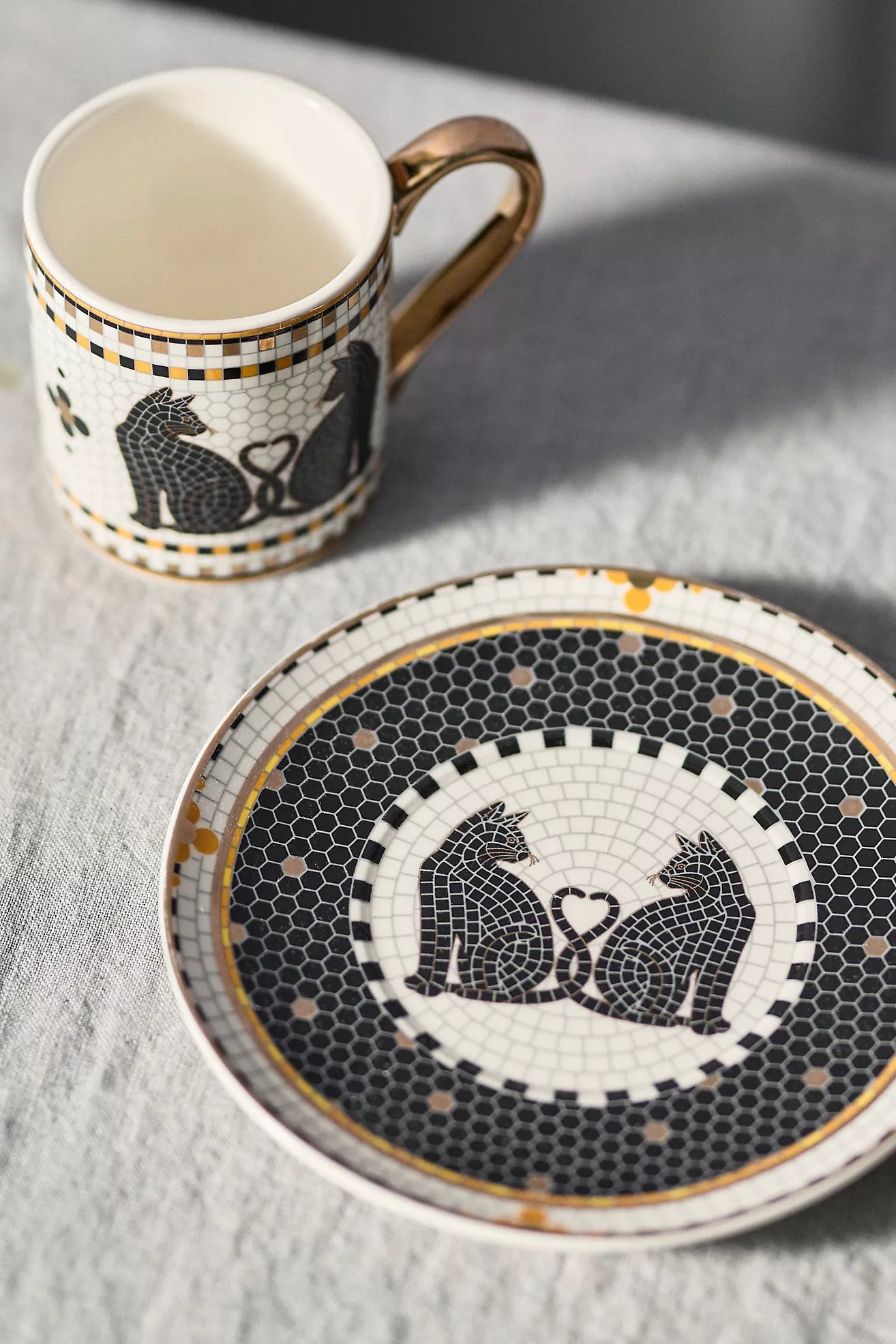 Bistro Tile Stoneware 24k Gold Accent Halloween Espresso Cup Black Cat