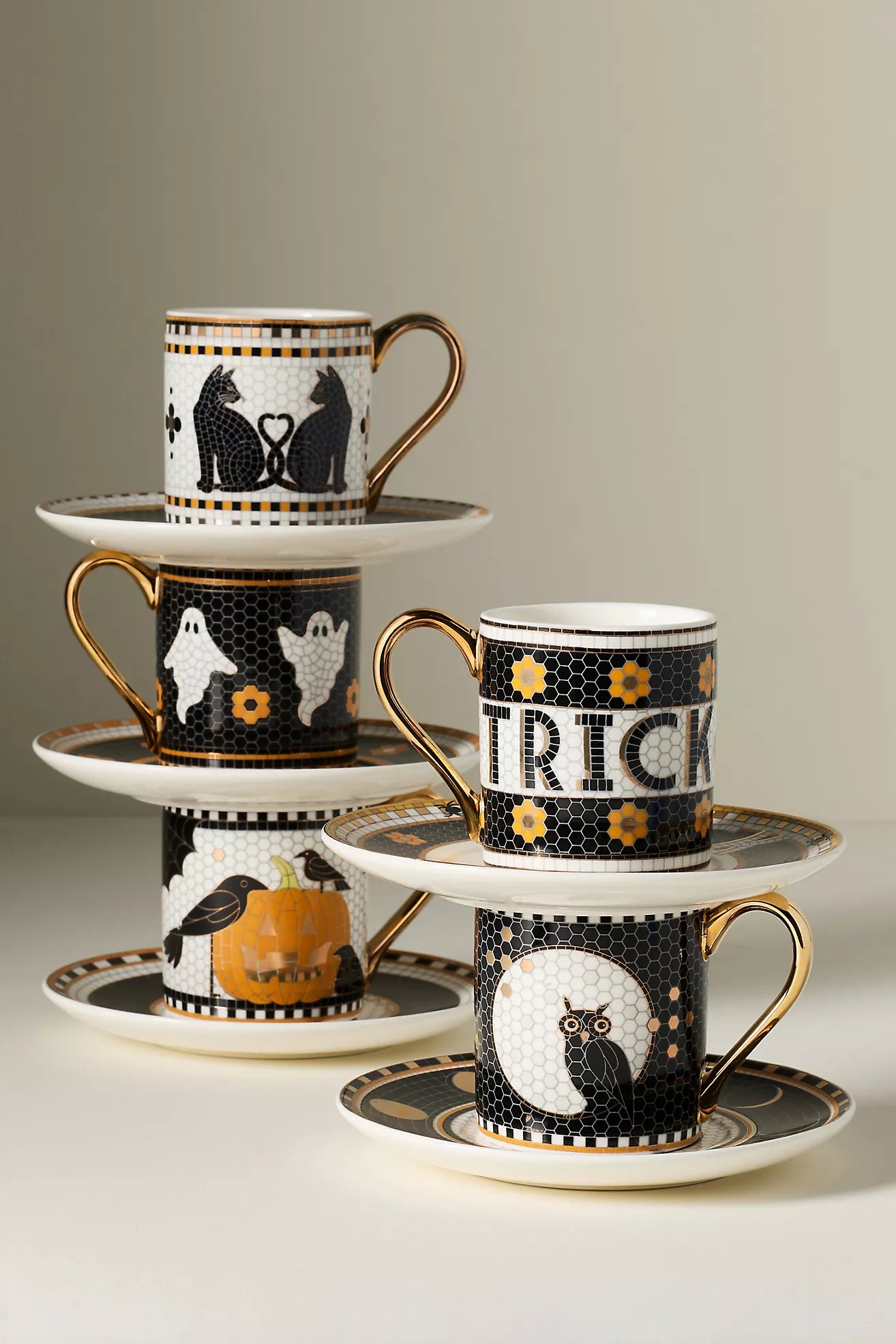Bistro Tile Stoneware 24k Gold Accent Halloween Espresso Cup Black Cat