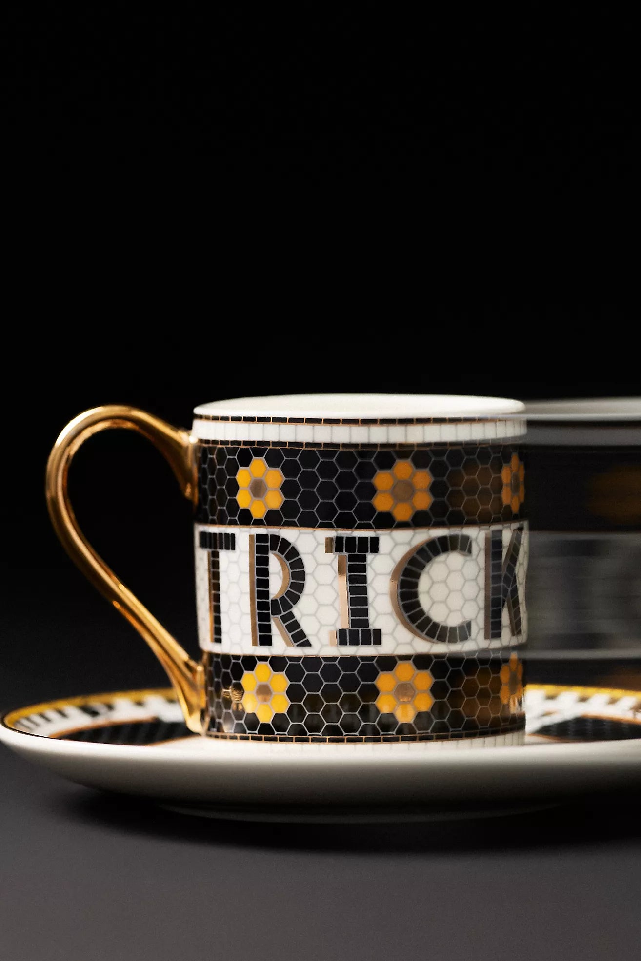 Bistro Tile Stoneware 24k Gold Accent Halloween Espresso Cup Bat