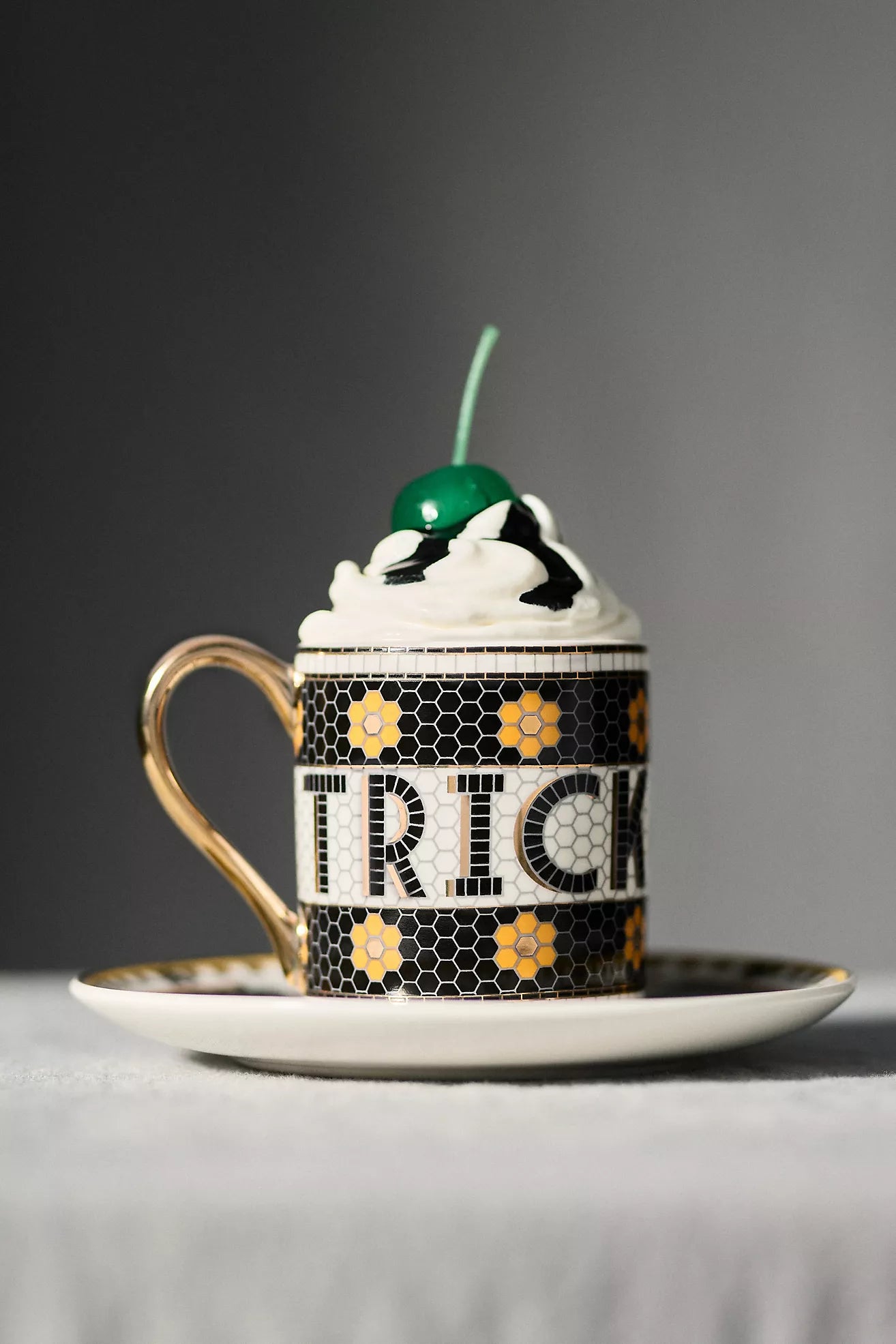Bistro Tile Stoneware 24k Gold Accent Halloween Espresso Cup Bat