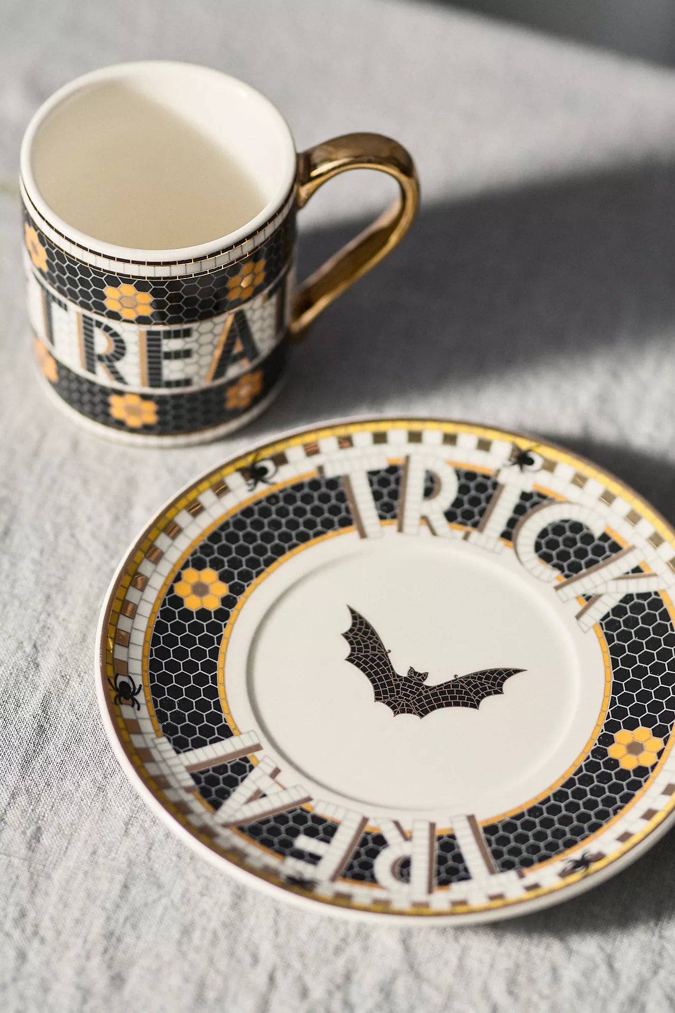 Bistro Tile Stoneware 24k Gold Accent Halloween Espresso Cup Bat
