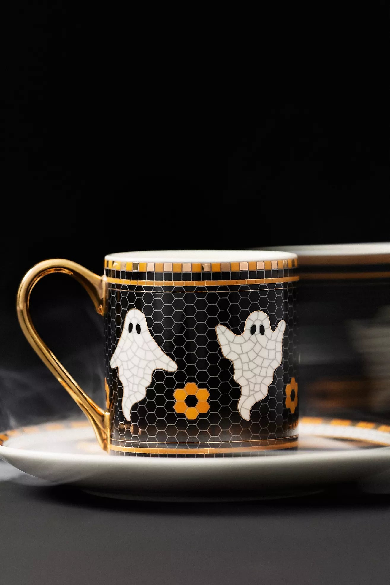 Bistro Tile Stoneware 24k Gold Accent Halloween Espresso Cup Ghost