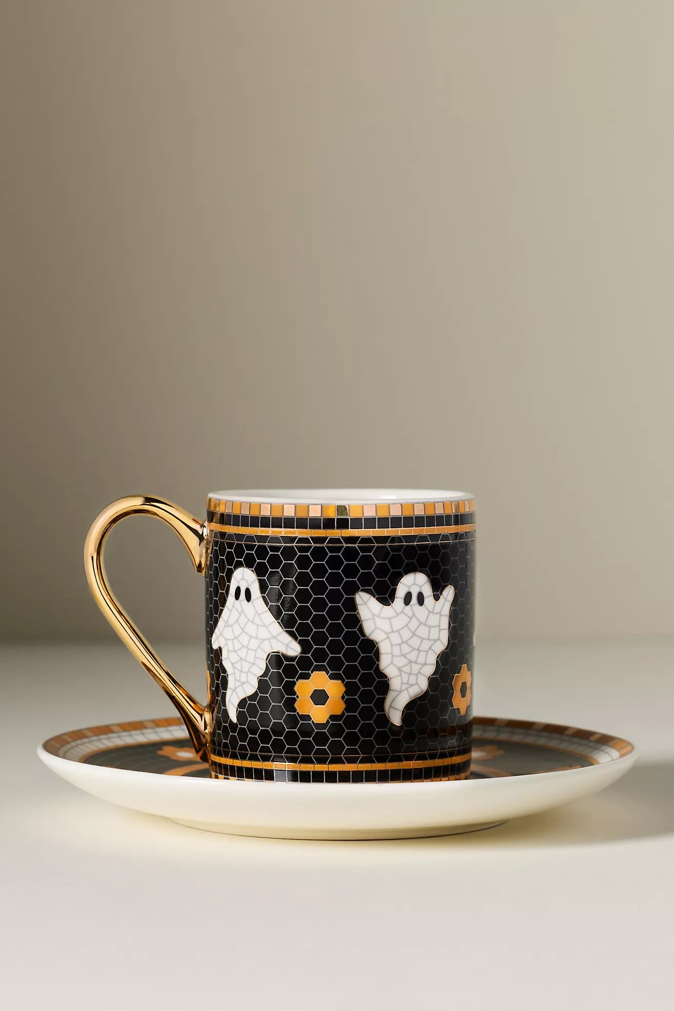 Bistro Tile Stoneware 24k Gold Accent Halloween Espresso Cup Ghost
