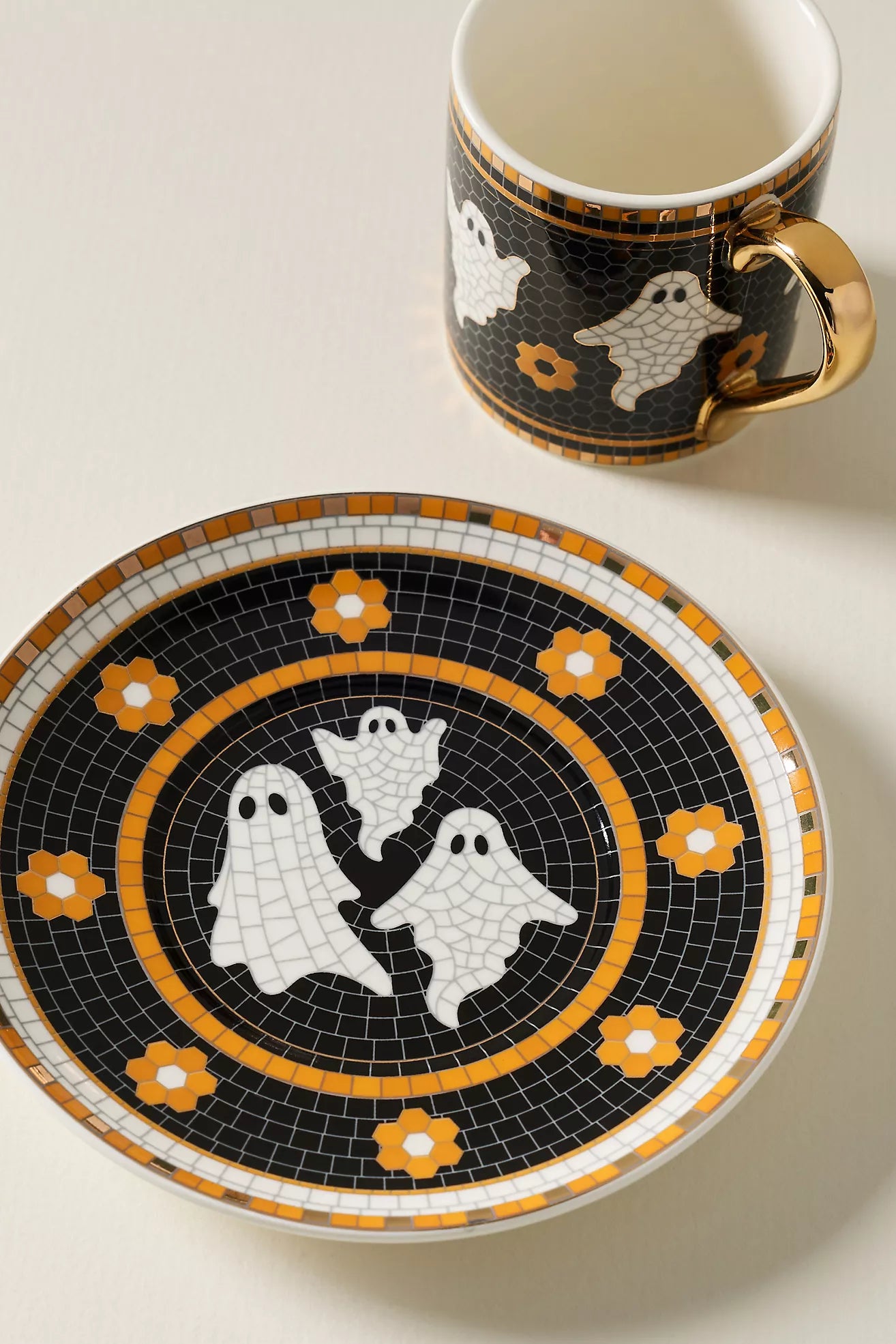Bistro Tile Stoneware 24k Gold Accent Halloween Espresso Cup Ghost