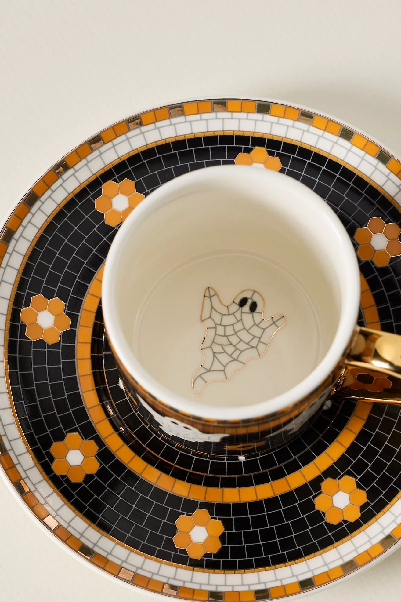 Bistro Tile Stoneware 24k Gold Accent Halloween Espresso Cup Ghost