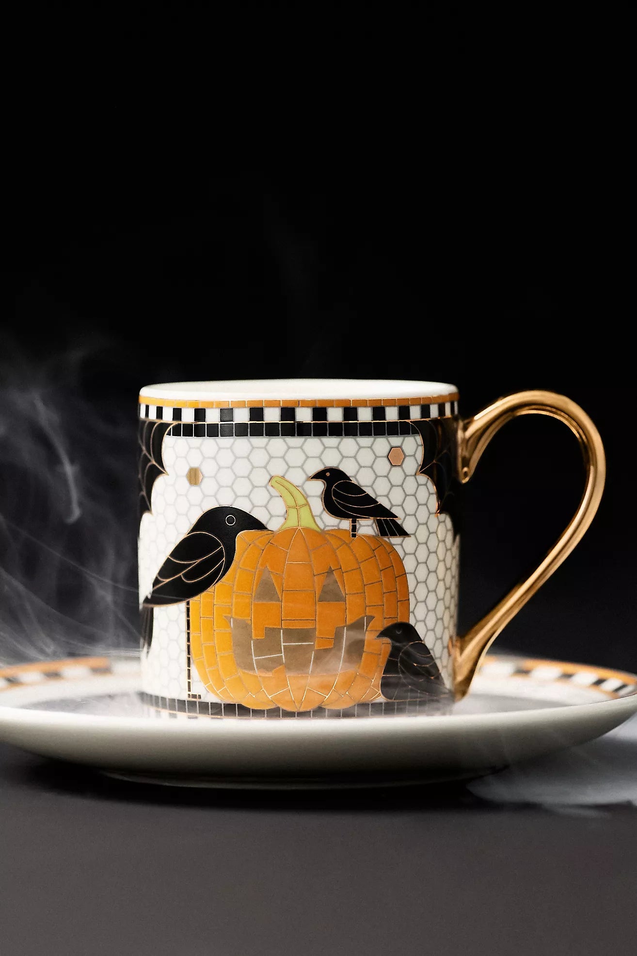 Bistro Tile Stoneware 24k Gold Accent Halloween Espresso Cup Jack-O-Lantern