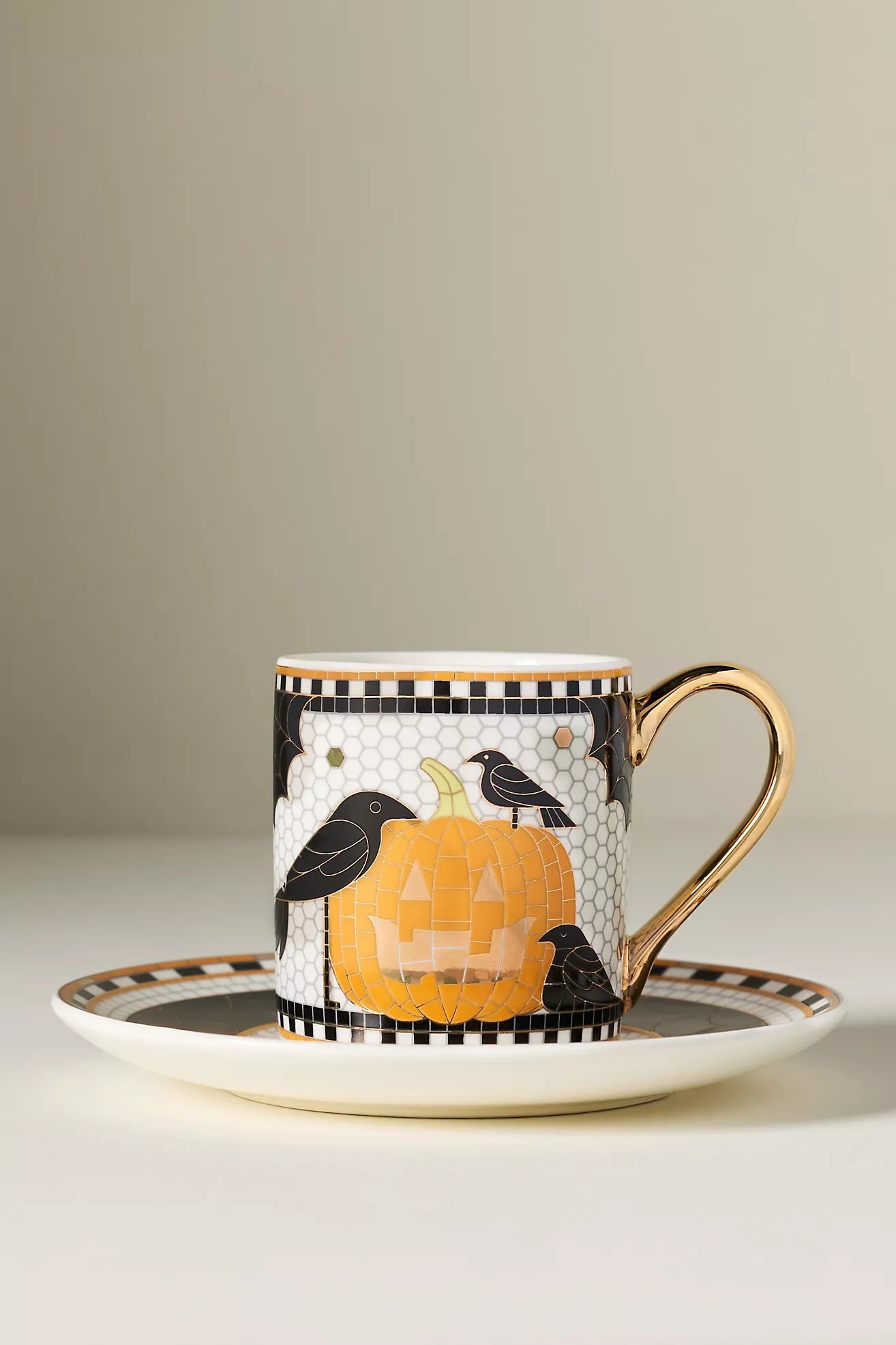 Bistro Tile Stoneware 24k Gold Accent Halloween Espresso Cup Jack-O-Lantern