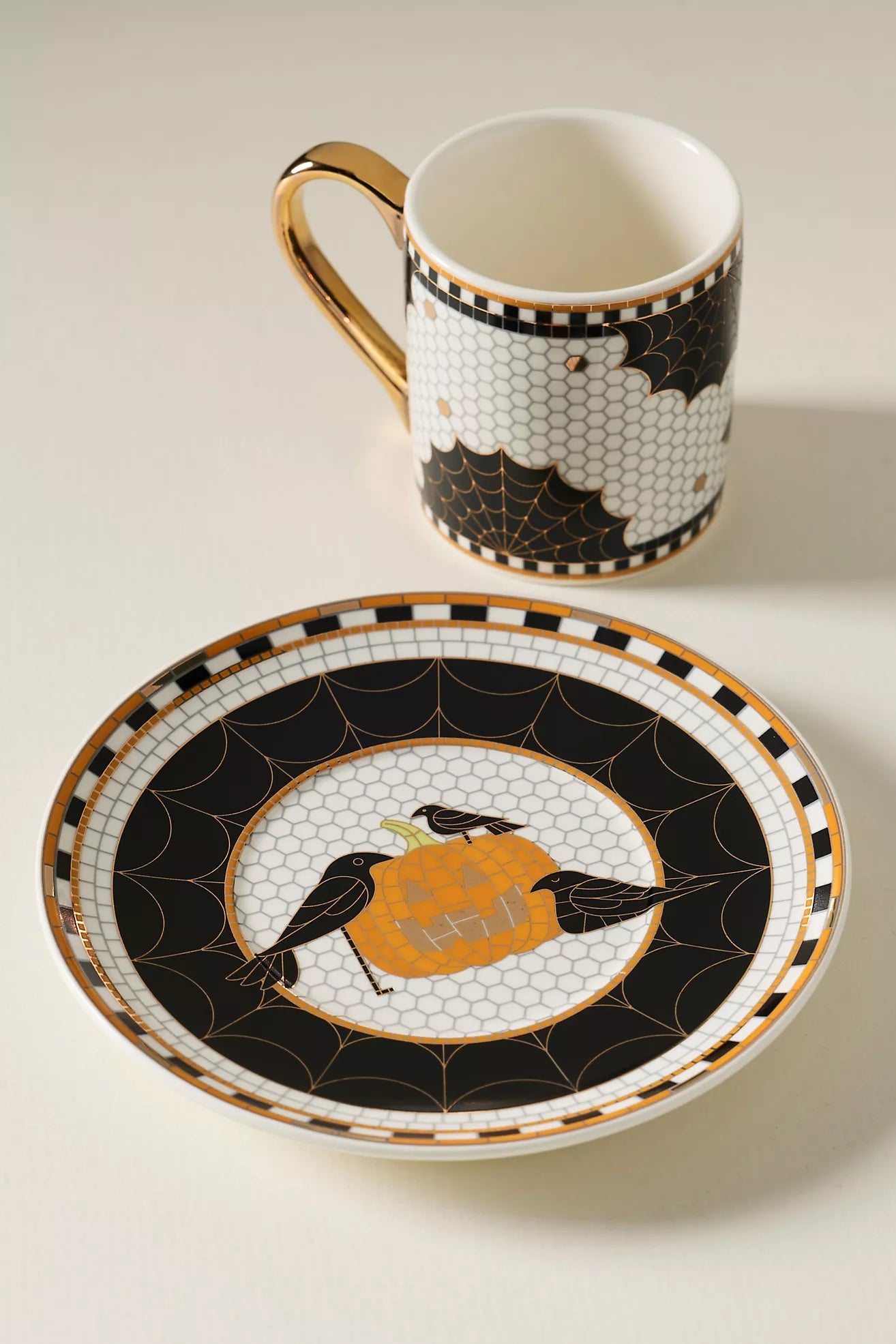 Bistro Tile Stoneware 24k Gold Accent Halloween Espresso Cup Jack-O-Lantern