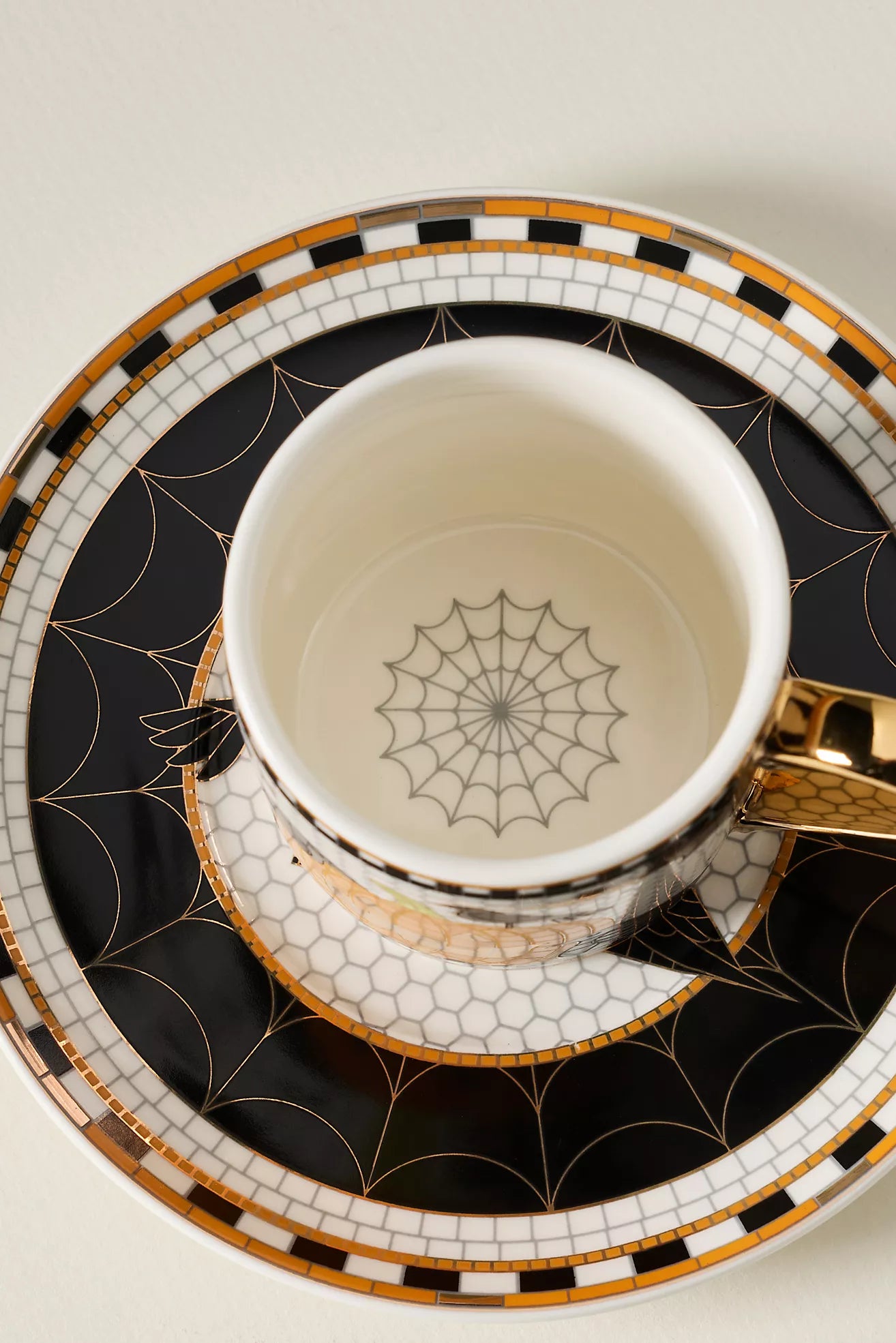 Bistro Tile Stoneware 24k Gold Accent Halloween Espresso Cup Jack-O-Lantern