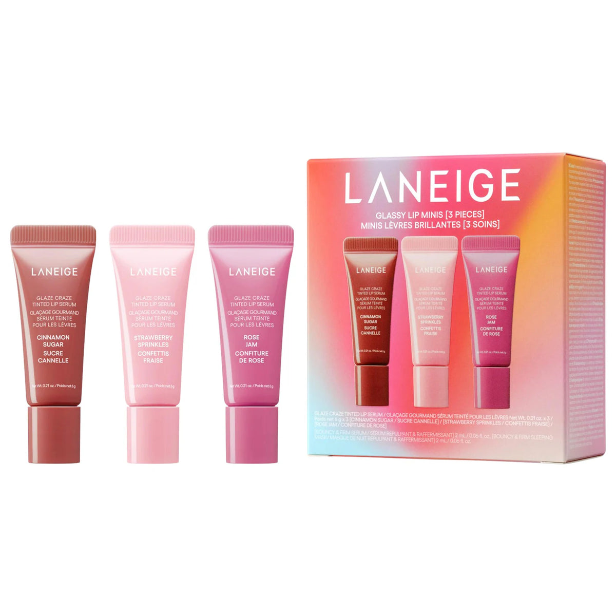 LANEIGE Glassy Lip Minis 3 Pc. Glaze Craze Tinted Peptide Lip Serum Gift Set *PRE ORDER*